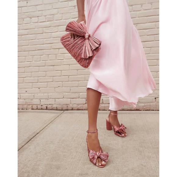 NEW LOEFFLER RANDALL women's camellia pleated bow heel sandal in metallic rose - Picture 4 of 5